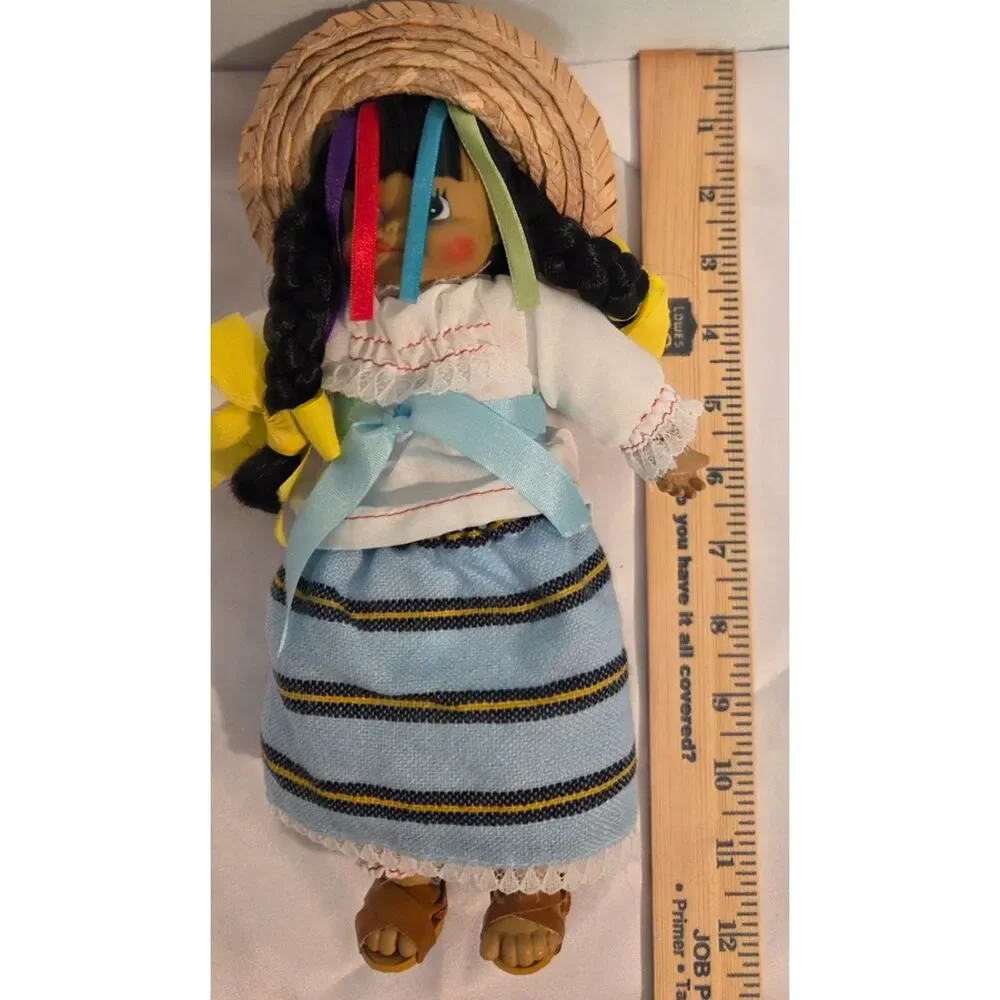 Vintage Mexican Style Muñeca Doll Braided Hair Straw Hat Folk Art